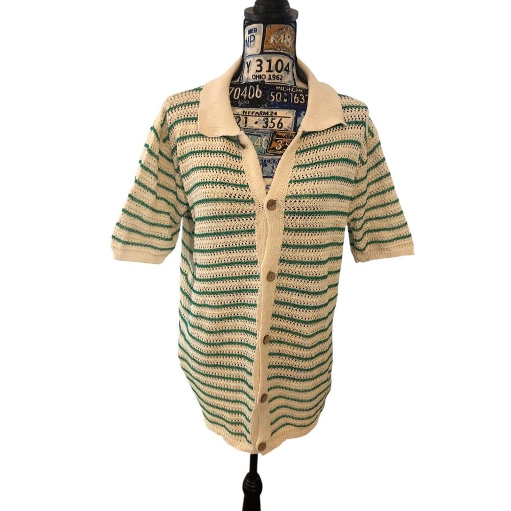 Vintage Style Green Cream Button Down Short Sleeve NERD Collared Sweater Sz XXL